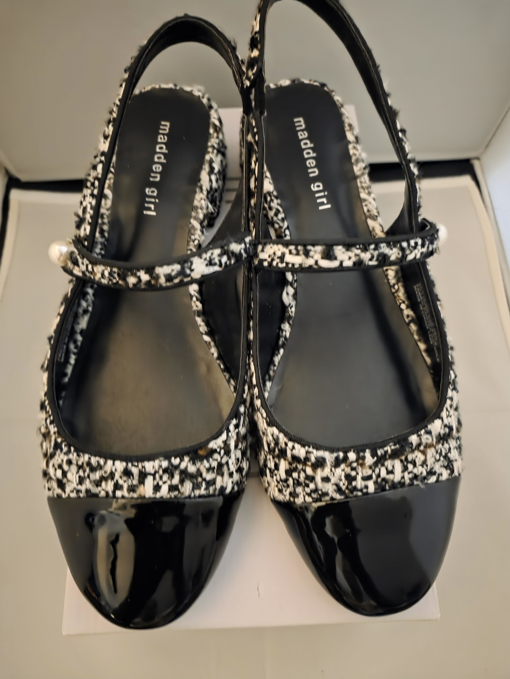 Madden Girl Black and White Tweed Mary Jane Slingback Flats with Pearl Accent